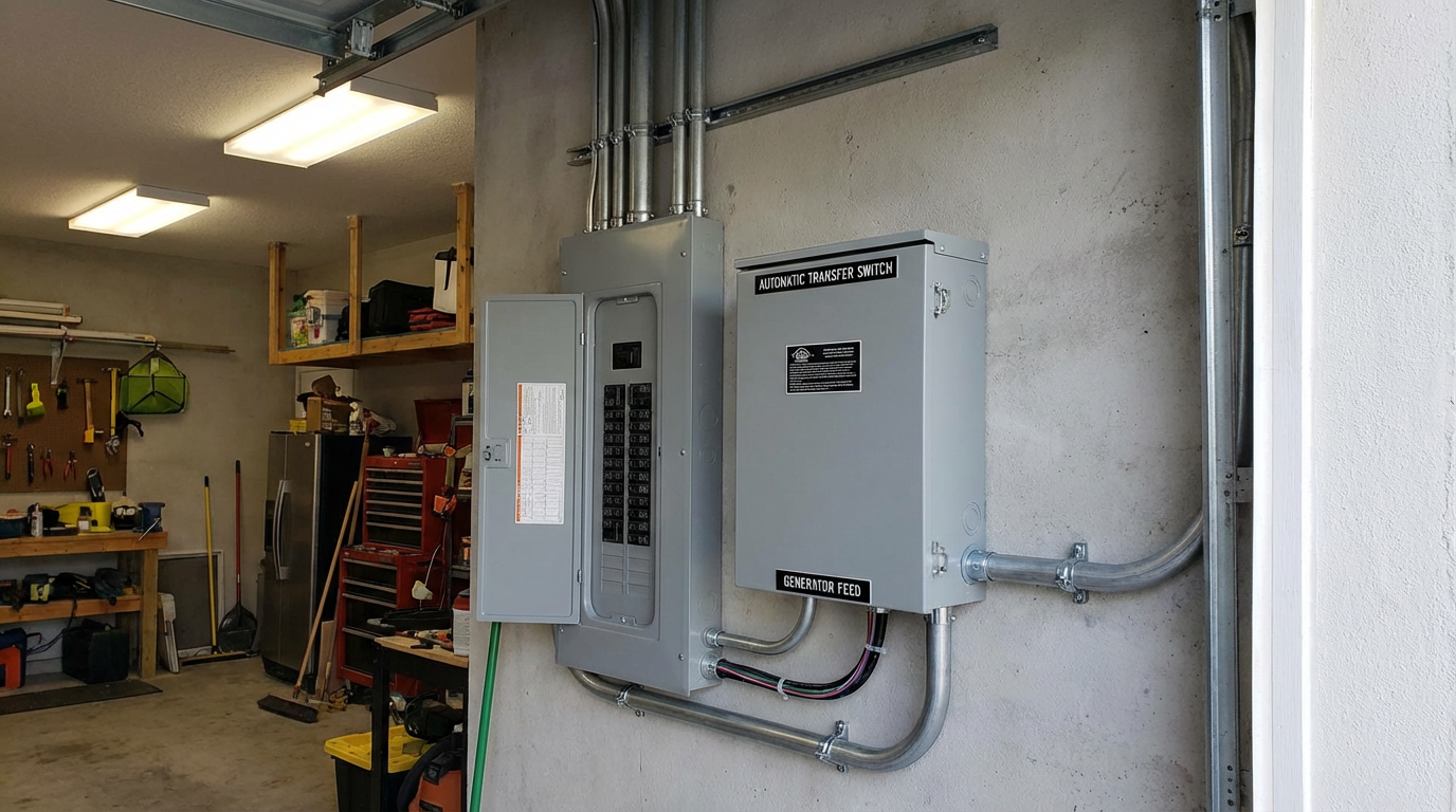 Automatic transfer switch installed next to a main panel in Sarasota